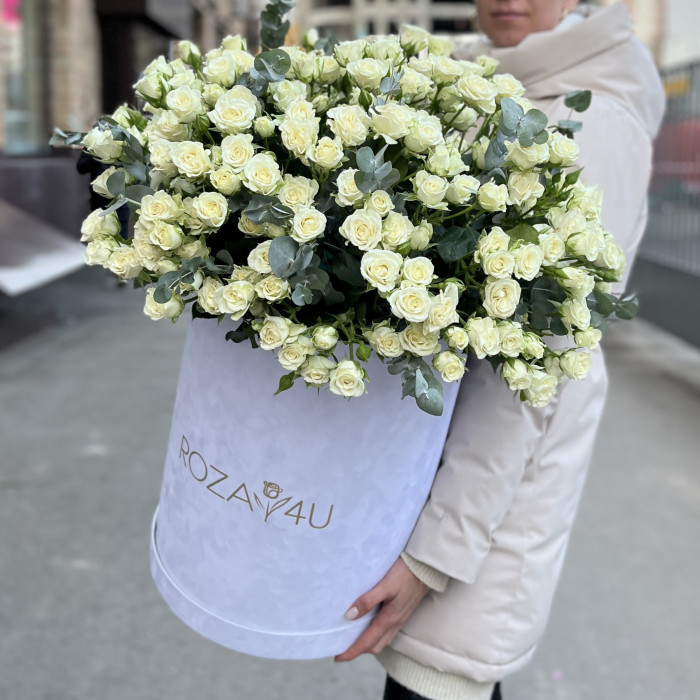 51 кустовая белая роза Сноуфлейк в бархатной коробке
